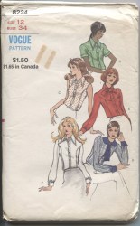 8224 VOGUE 1972 BUTTON COLLAR SLEEVES OR NOT BLOUSES PATTERN 12 34B